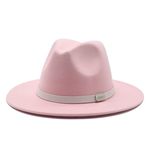 Classic pink wool fedora hat for men and women with white leather band and metal buckle