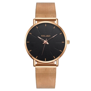 Modern rose gold men's quartz watch featuring a black dial and Milanese mesh strap.