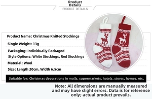 Détails de mini chaussettes de Noël tricotées avec motif renne et guide des tailles