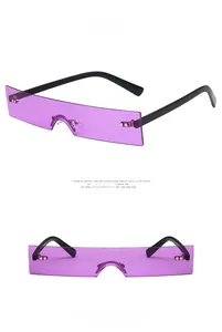 Detail view of purple rimless rectangular sunglasses with silver rivets and black temples