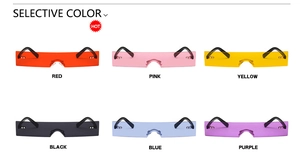Variety of slim rimless rectangular sunglasses in six vibrant colors on white background
