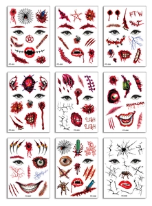 Detailed sheet showing nine diverse 3D Halloween horror scar and wound tattoo designs