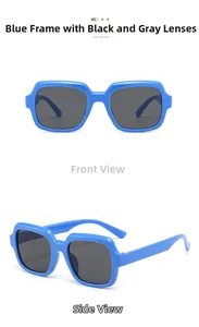Detail of square vintage sunglasses with blue frames and dark gray polarized lenses
