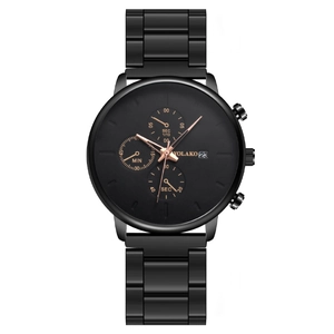 Men's fashion black stainless steel watch with three-dial chronograph and date calendar