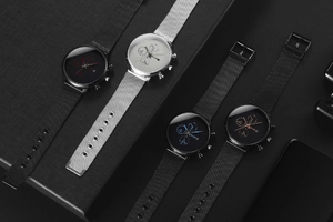 Detailed view of men's quartz watches with mesh straps and triple-eye calendar dials
