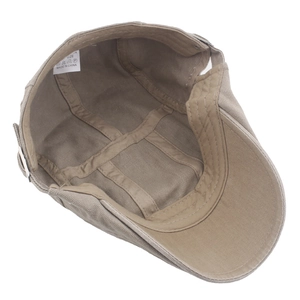 Khaki cotton flat cap shown from an internal view with reinforced stitching and wash label