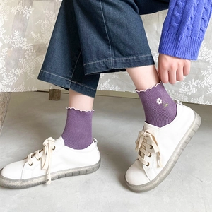 Japanese style purple cotton socks with cute flower embroidery and ruffled edges for women