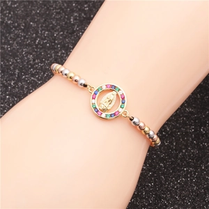 Bracelet à perles tricolores avec médaillon de la Vierge Marie et zircons colorés