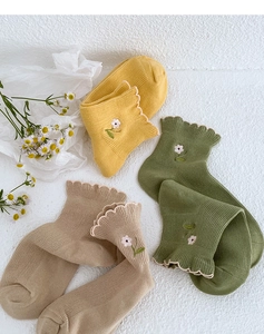 Close-up of ribbed cotton socks with floral embroidery and wavy lettuce trim edges