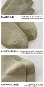 Detail of khaki green cotton socks showing elastic cuff, reinforced toe and heel texture
