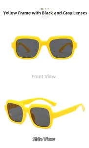 Detail view of yellow square frame sunglasses showing front and side temple profiles