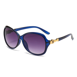 Classic oval sunglasses with dark blue frame, purple gradient lenses and gold floral details