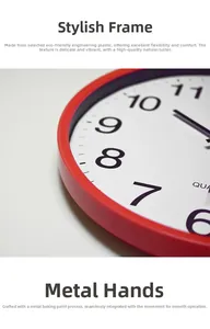 Detail of red engineering plastic frame and precision metal hands on 20cm quartz clock