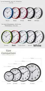 Size comparison chart for plastic wall clocks showing 8 to 14 inch diameter dimensions
