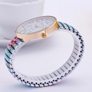 Geneva floral stretch band fashion watch with gold case and blue flower pattern