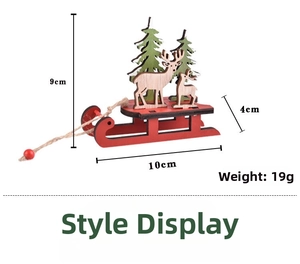Detailed size chart of wooden Christmas sleigh ornament with reindeer and pine trees