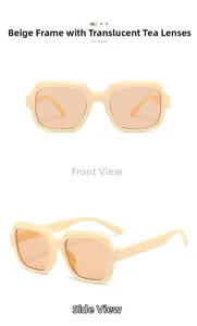 Front and side view of beige square frame sunglasses with translucent brown lenses
