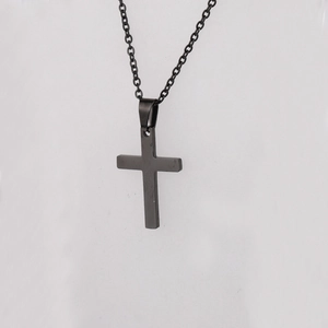 Polished dark grey stainless steel cross pendant necklace with a minimalist metal chain