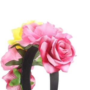 Halloween Mexican party headband featuring large pink and yellow fabric rose flowers