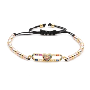 Retro colorful bead chain bracelet with micro-paved zircon heart pendant and adjustable cord