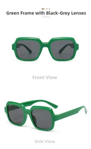 Front and side view of vintage green square frame sunglasses with dark gray lenses