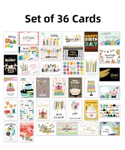 Grid view showcasing 36 unique birthday card designs with cute illustrations and envelopes