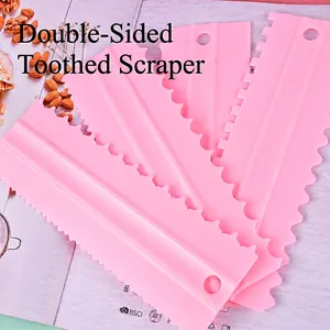 Pink plastic 4-piece cake scraper set for cream smoothing and textured baking edges
