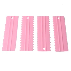 Set of 4 pink serrated cake scrapers for cream icing and dough decorating tools
