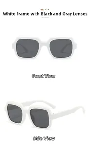 Front and side views of square white frame sunglasses with dark grey lenses