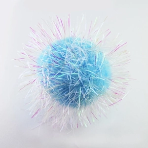 Detailed view of a blue 6cm crinkle ball cat toy with shiny rainbow tinsel strands