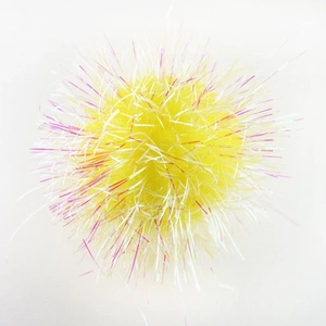 Close-up of 6cm yellow crinkle ball cat toy with iridescent shiny fibers on white background