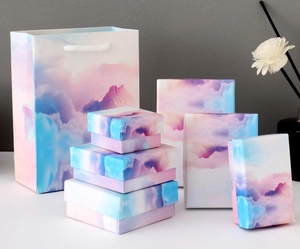 Cloud art jewelry gift box and matching paper bag set in gradient pink and purple tones