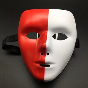 Detail view of red and white two-tone full face mask with black elastic strap
