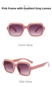 Detail of square pink retro sunglasses featuring gradient grey purple lenses in two angles
