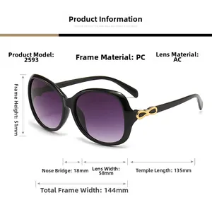 Detailed size specifications of black oval sunglasses featuring gold bow temple accents