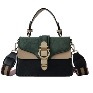 Vintage Color Block Shoulder Bag PU Leather Suede Square Handbag Wide Striped Strap Metallic Lock