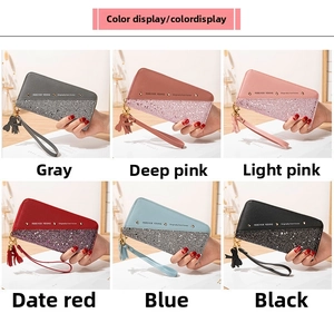 Detailed comparison of long patchwork wallets in six elegant colors with tassels