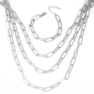 Silver layered paperclip chain necklace and bracelet set for minimalist hip-hop jewelry style