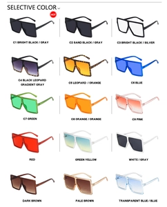 Detailed catalog showing fifteen color variants of oversized square fashion sunglasses