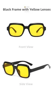 Macro detail of black square frame sunglasses featuring high-contrast yellow lenses