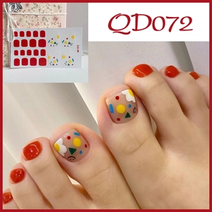 Detail of QD072 toe nail wraps featuring red polish and doodle flower smile patterns