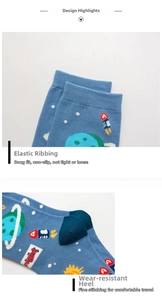 Detailed macro view of space rocket socks featuring elastic cuffs and durable heels