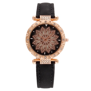 Elegant starry sky women's watch with rose gold case and black leather strap with rhinestones