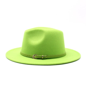 Classic lime green wool felt fedora hat with a stylish gold buckle leather band detail