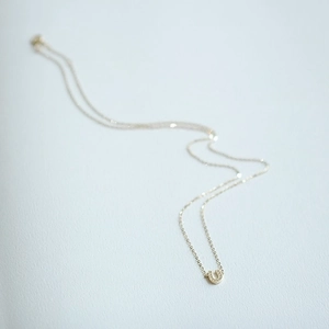 Macro shot of 14K gold-plated U-shaped horseshoe pendant with delicate diamonds