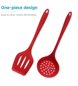 Detail of red silicone turner and slotted spoon with seamless integrated design
