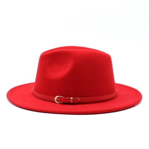 Classic red wool fedora hat with a stylish matching faux leather band and gold metal buckle