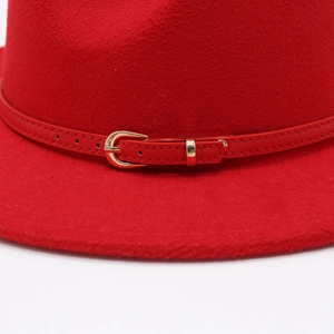 Classic red wool fedora hat with a matching leather band and golden metal buckle details