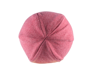 Top-down view of pink knitted beanie showing reinforced six-panel stitching structure