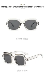 Front and side view of square sunglasses featuring transparent grey frames and dark lenses